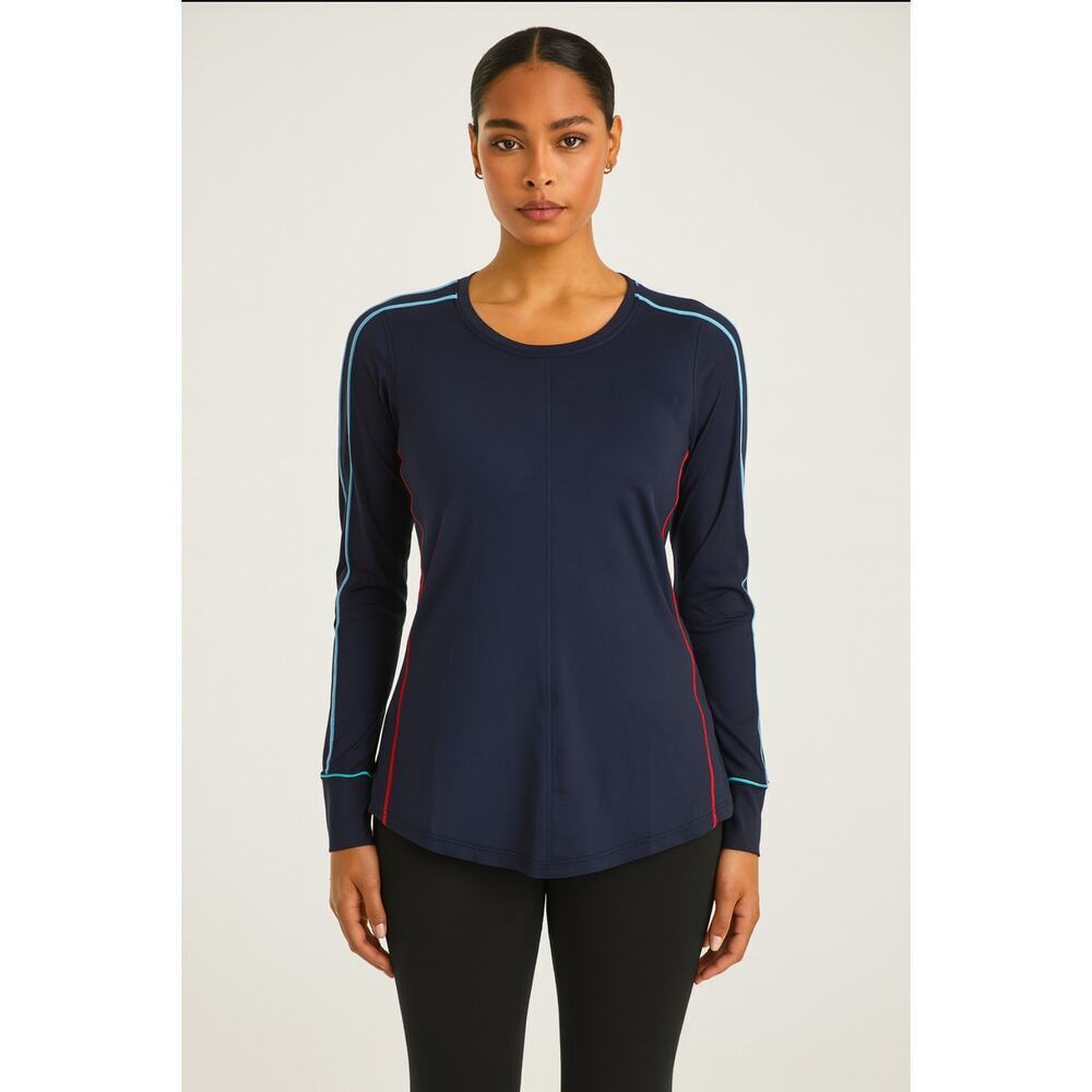 L'Etoile Sport Striped Long Sleeve Crew Neck Active Top Navy Women's Size XL